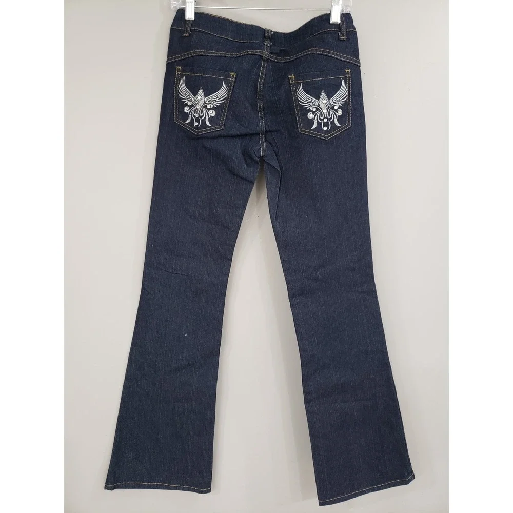 NEW Embroidered Rhinestone BONGO y2k vintage 90s flare jeans dark wash junior 15